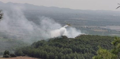 Imagen de una avioneta descargando agua sobre el incendio del Coll de Lilla
