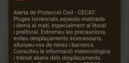 Mensaje emitido el miércoles poco después de las 21.40 para avisar de posibles lluvias fuertes en toda Catalunya.