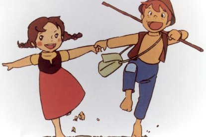 Una escena de los dibujos animados Heidi, junto al personaje de Pedro.
