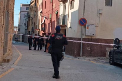 Un agente, cortando la calle de la casa donde se hacía el registro.