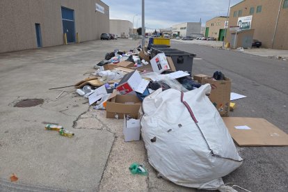 Brossa acumulada al voltant d'una illa de contenidors al polígon de Valls.