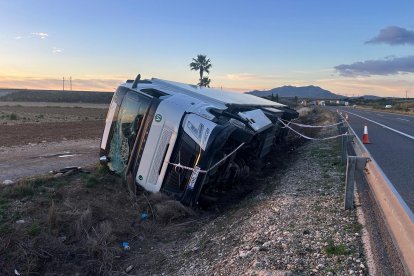 Imagen del camión volcado en la autopista