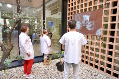 Infermers del CAP visionant l'exposició on es pot veure el procés.