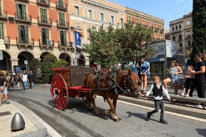 Un nen guia un carruatge carregat de garrofes al pas pel Tomb de Ravals.