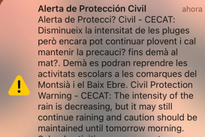El mensaje de alerta de Protecció Civil.