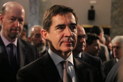 El presidente del BBVA, Carlos Torres, el pasado jueves en la conferencia del president Salvador Illa en Madrid, el pasado jueves