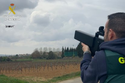 Un agente de la Benemérita neutralizando un dron.