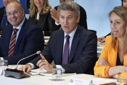 El presidente del Partido Popular, Alberto Núñez Feijóo (c), preside la reunión del Comité Ejecutivo Nacional del partido este lunes en la sede de Génova