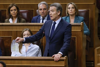El líder del Partido Popular (PP), Alberto Núñez-Feijóo, interviene durante la sesión de control en el Congreso, este martes.