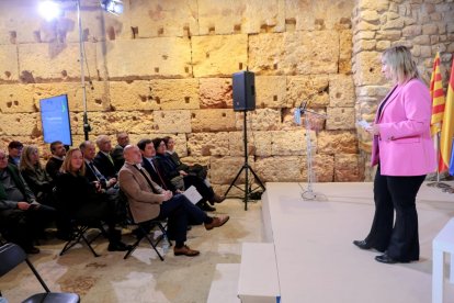 Elisabet Romero, subdelegada del Govern, habla en la Torre del Pretori; en primera fila. Carlos Prieto, delegado del gobierno central, y Guillermo García, concejal de Tarragona