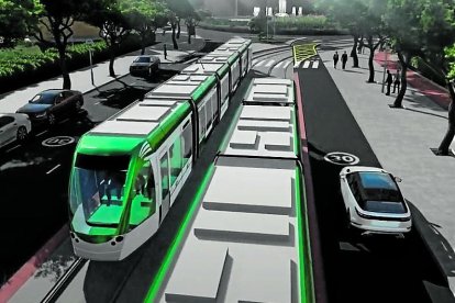 Aspecto que tendrá el tranvía, con doble vía, a su paso por el centro de la avenida Ramon d’Olzina de Vila-seca.