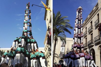 A l'esquerra 3de10 amb folre i manilles carregat ahir pels Castellers de Vilafranca.