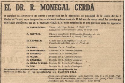 El doctor Ramon Monegal publicó este anuncio en el ‘Diario Español’ para dar a conocer la inauguración de consultorios.
