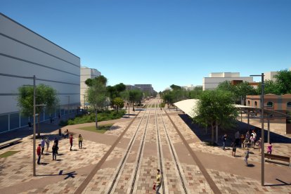 Vista de detalle de la integración del trazado del tranvía, con el pavimento en líneas diagonales y arbolado.