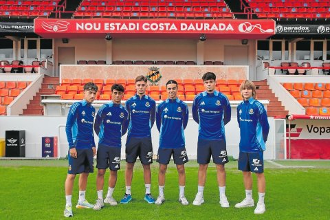 Nicolás Betancourt, Adrián Alves, Guillem Barrés, Agustín Gutiérrez, Enric Pujol y Oriol Subirats en una sesión con el primer equipo.