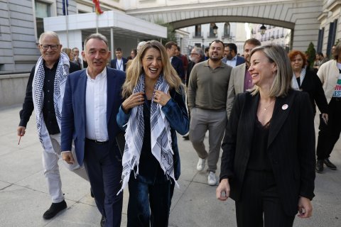 La ministra de Trabajo Yolanda Díaz (c) se une a otros ministros y diputados de Sumar que se concentran ante el Congreso de los Diputados en apoyo a Palestina.