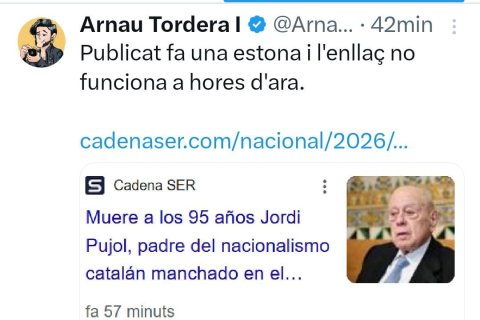 El tuit donde se informaba de la muerte de Jordi Pujol.