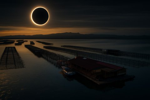 Una recreación del eclipse desde una mejillonera en el Delta.