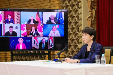 Imagen de archivo de la primera ministra de Japón, Sanae Takaichi, participando en una cumbre virtual del G7
