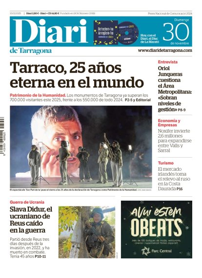 Portada del Diari de Tarragona del domingo 30 de noviembre de 2025
