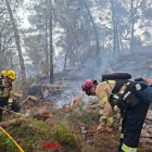 Dos bomberos trabajando en el incendio de Riba-roja d'Ebre