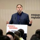 El president d'ERC, Oriol Junqueras, intervé a l'inici del Consell Nacional de la formació, aquest dissabte.