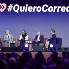 Más de 2.500 empresarios y representantes de la sociedad civil participan en el Acto Empresarial por el Corredor Mediterráneo, que se celebra bajo el lema “Este tren no lo para nadie”, en el que interviene el ministro de Transportes, Óscar Puente, y en el que se presenta el segundo chequeo semestral de 2025 sobre el estado de las obras de este corredor ferroviario. En la imagen la mesa redonda en la que han participado, Tomás Fuertes, presidente  de Grupo Corporativo Fuertes; Marc Puig, CEO de Puig, Sandra García-Sanjuan, presidenta ejecutiva de Grupo Starlite; y Jorge Martínez 'Aspar', CEO de Aspar Team. EFE/Ana Escobar