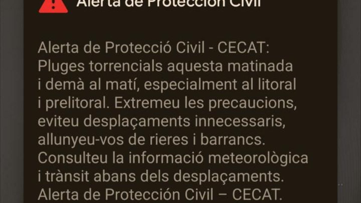 Mensaje emitido el miércoles poco después de las 21.40 para avisar de posibles lluvias fuertes en toda Catalunya.