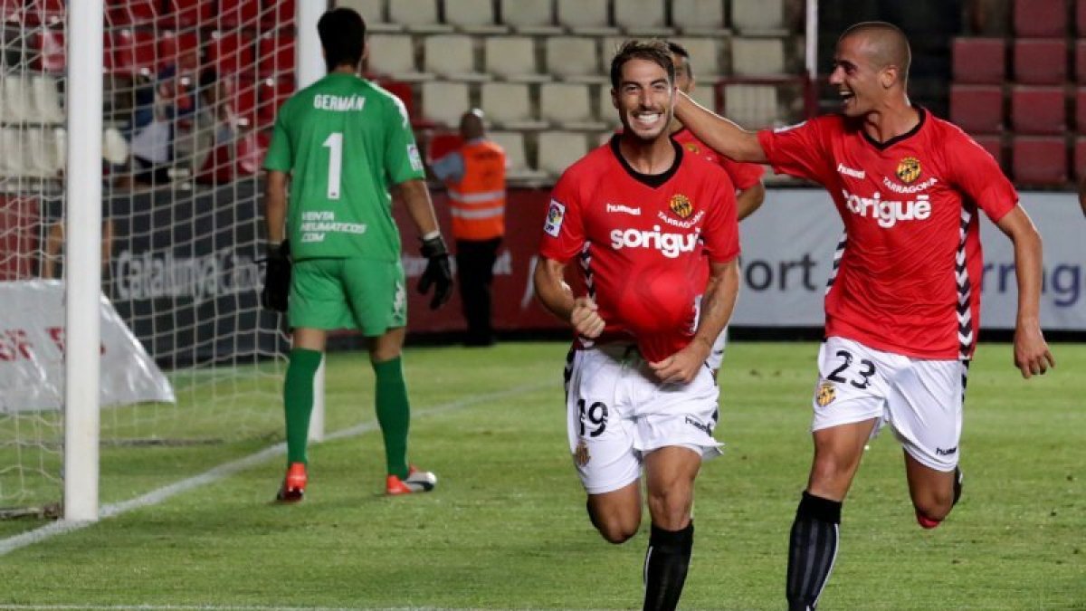 Miguel Palanca celebra uno de los goles que ha anotado con el Nàstic esta temporada.