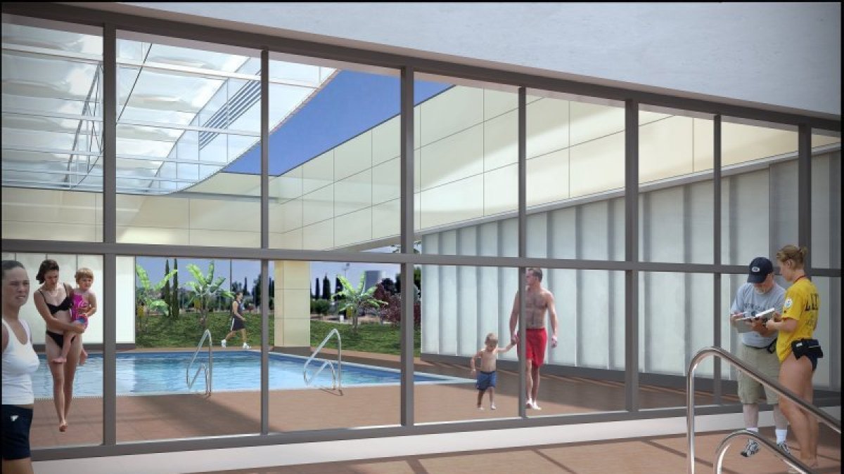 Imatge virtual del futur complex, amb dues piscines i la cobertura retràctil dissenyada en el projecte.