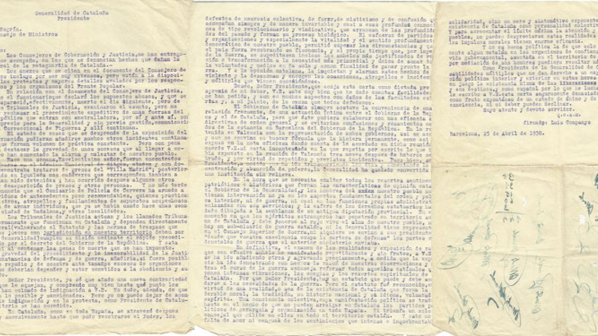 La misiva del presidente de la Generalitat la forman tres páginas mecanografiadas y datadas el 25 de abril de 1938.