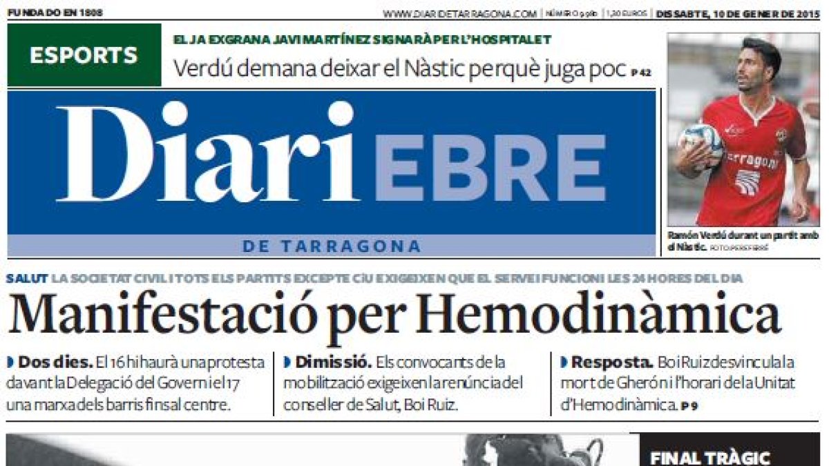Portada Ebre, dissabte, 10 de gener de 2015