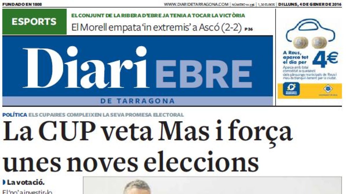 Portada Ebre, dilluns, 4 de gener de 2016