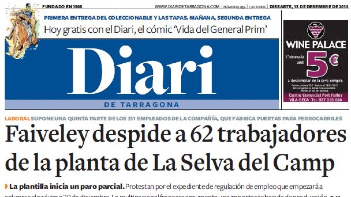 Portada Ebre, dissabte 13 de desembre de 2014