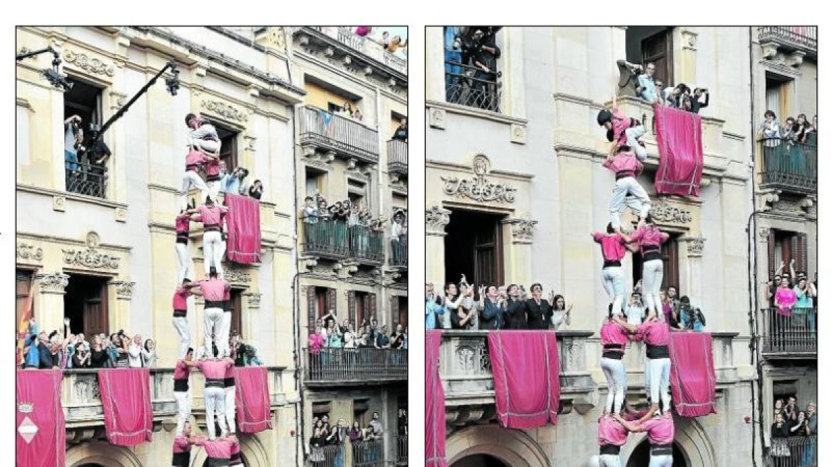 Esq: La Vella va descarregar el 3de10 amb folre i manilles a la segona ronda. Dreta: 4de9 sense folre descarregat per la Colla Vella ahir a Santa Úrsula.