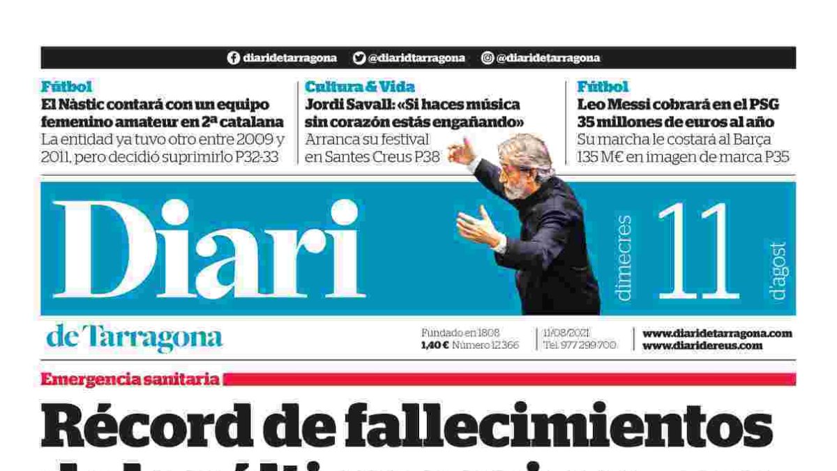 Portada del Diari de Tarragona del miércoles 11 de agosto de 2021