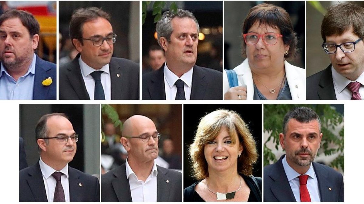 De izq. a der. y de arrib. a baj: Oriol Junqueras, Josep Rull, Joquim, Forn, Dolors Bassa, Carles Mundó, Jordin Turull, Raül Romeva, Meritxell Borràs i Santi Vila