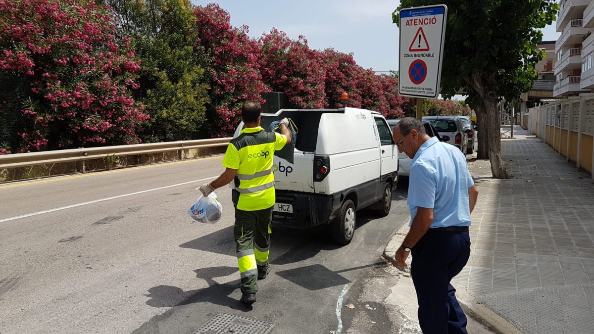 Las bolsas recogidas en la calle se abren ante inspectores del servicio.