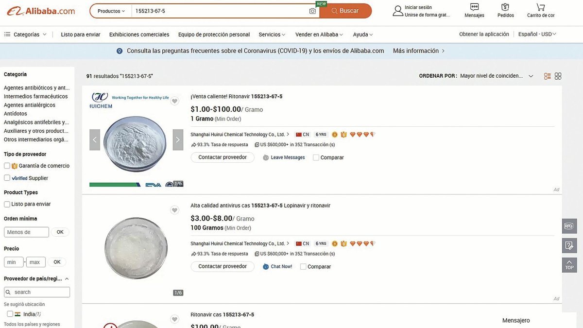 Captura de pantalla de las ofertas de ritonavir en Alibaba.