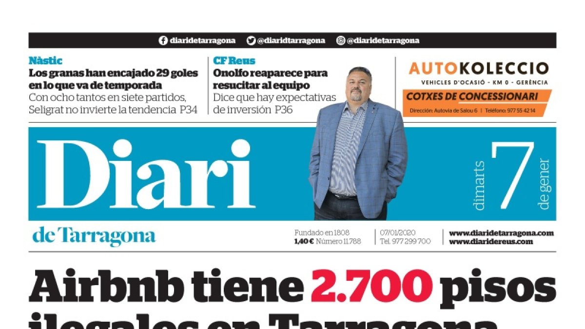 Lea la portada del Diari de Tarragona de este martes, 7 de enero de 2020