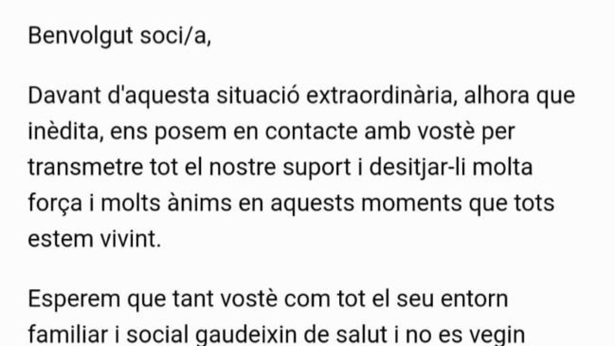 Carta de ánimo de Josep Maria Andreu a los socios del Nàstic