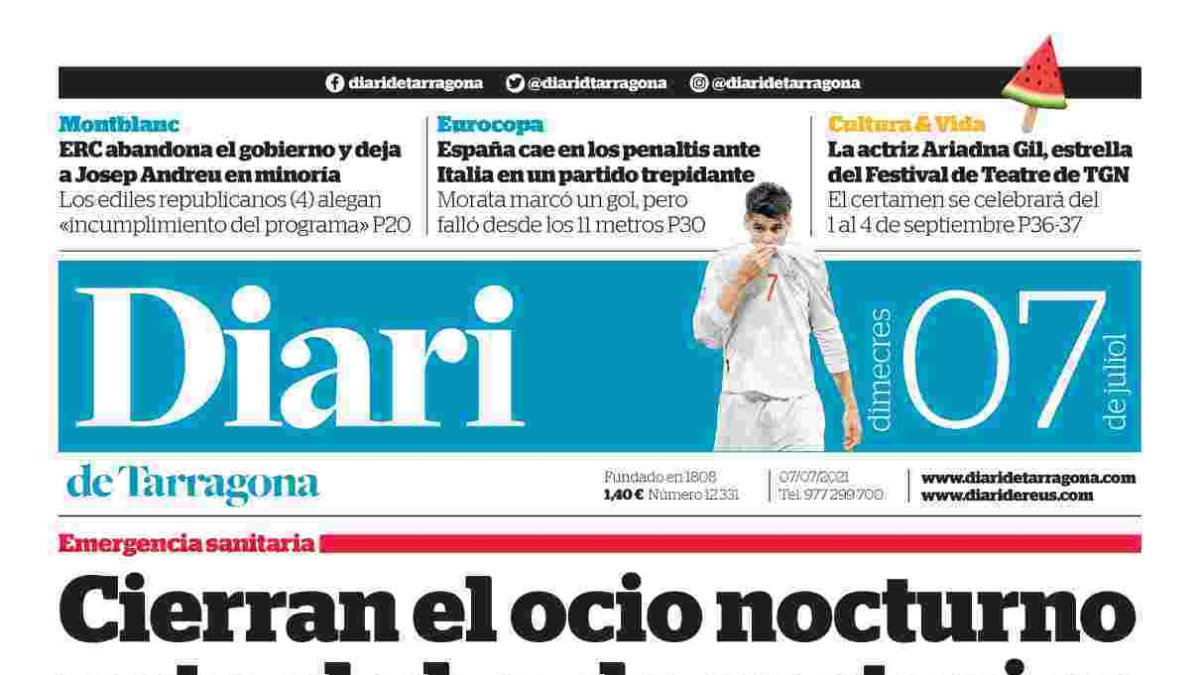 Portada del Diari de Tarragona del miércoles 7 de julio de 2021