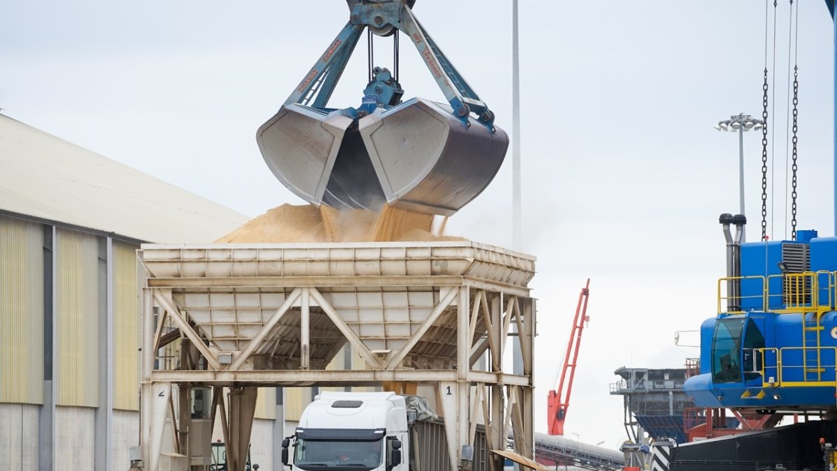 Una cuchara descargando grano en una tolva.