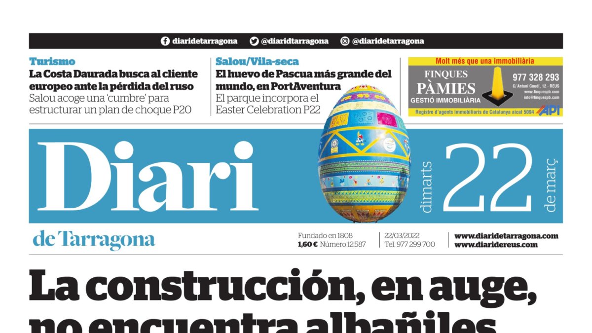 Portada del Diari de Tarragona del martes 22 de marzo de 2022