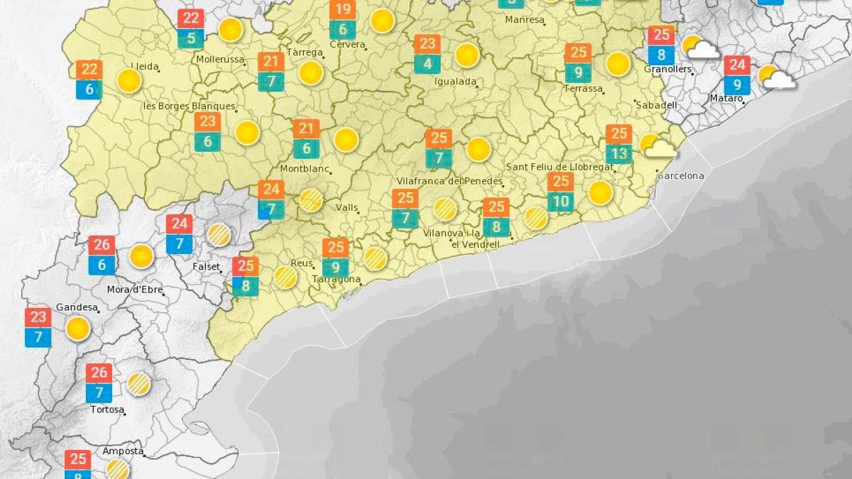 La previsió meteorològica per aquest diumenge, 26 de març. Font: Meteocat