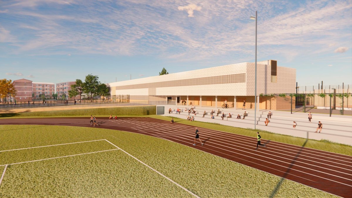 Recreación de cómo será el actual campo, con pista de atletismo y un nuevo edificio de servicios.