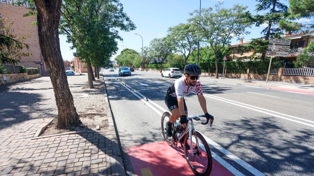 Un ciclista pedaleando por el carril de la carretera de Alcolea.
