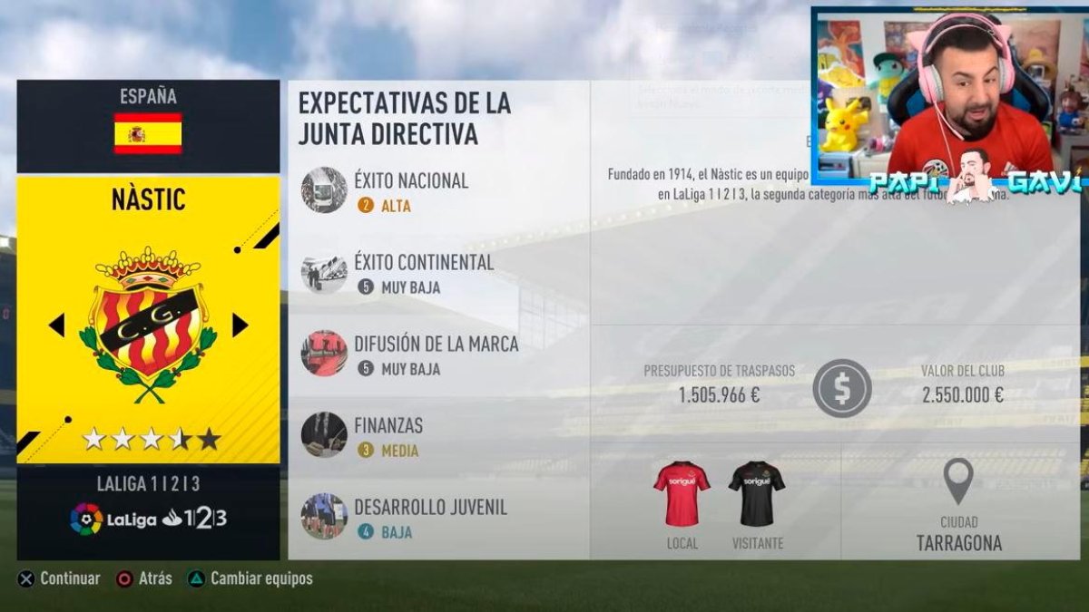 Captura del vídeo de Papi Gavi en el que elige al Nàstic para su Modo Carrera de FIfa 17.