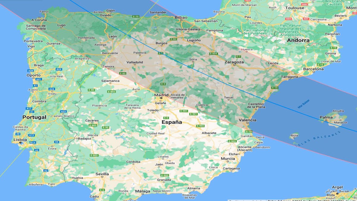 La banda de totalitat a la Península, on l’eclipsi solar del 12 d’agost de 2026 serà total.