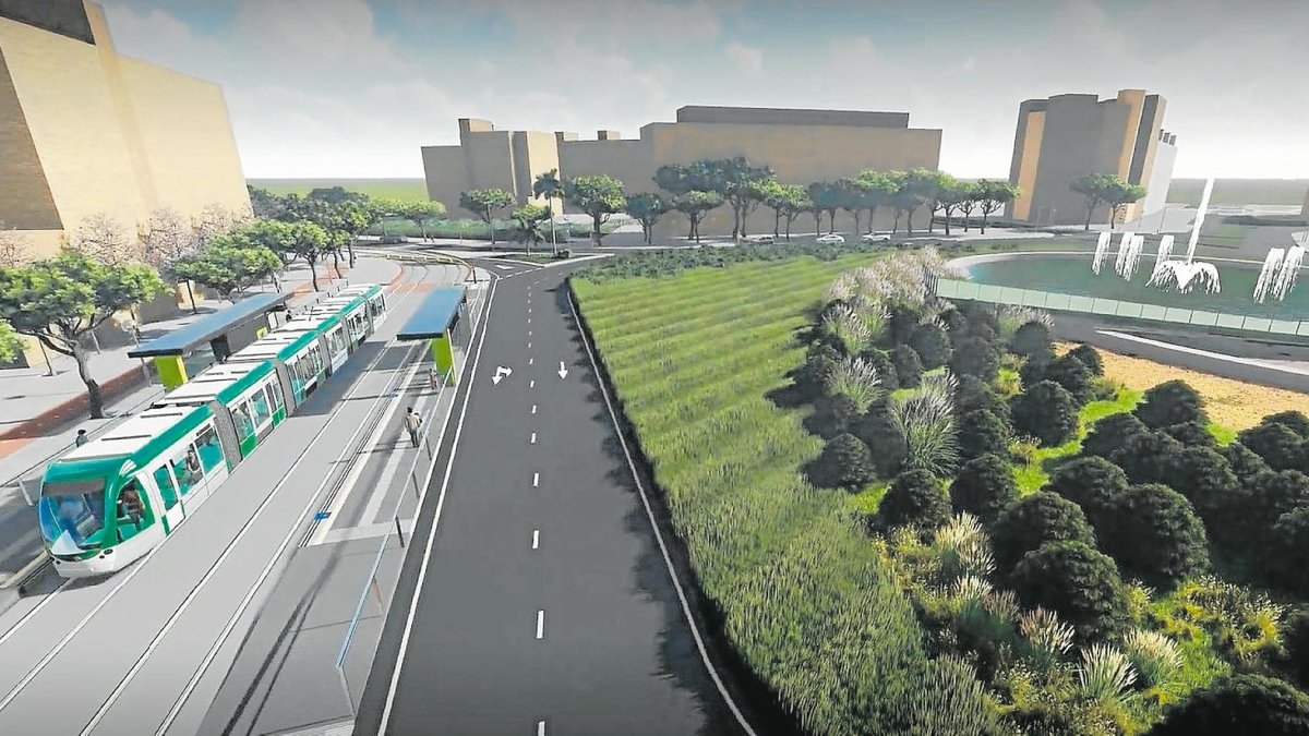 Imagen virtual del tranvía a su paso por la estación Països Catalans, en el municipio de Vila-seca.